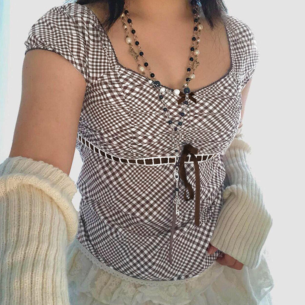 YESFASHION Retro Niche Grid Butterfly Drawstring Strap Tops