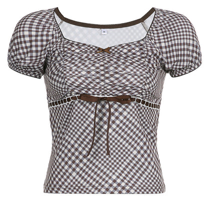 YESFASHION Retro Niche Grid Butterfly Drawstring Strap Tops