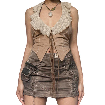 YESFASHION Women Slim Fit Sexy Lace Camisole Retro Halter Neck Tube Tops