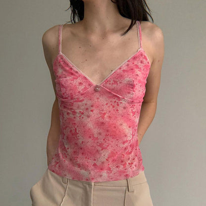 YESFASHION Floral Camisole V-neck Out Wear All-match Thin Vest Tops