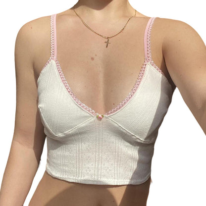 YESFASHION Fresh Lace Stitching Pink Thin Shoulder Strap Vest Tops