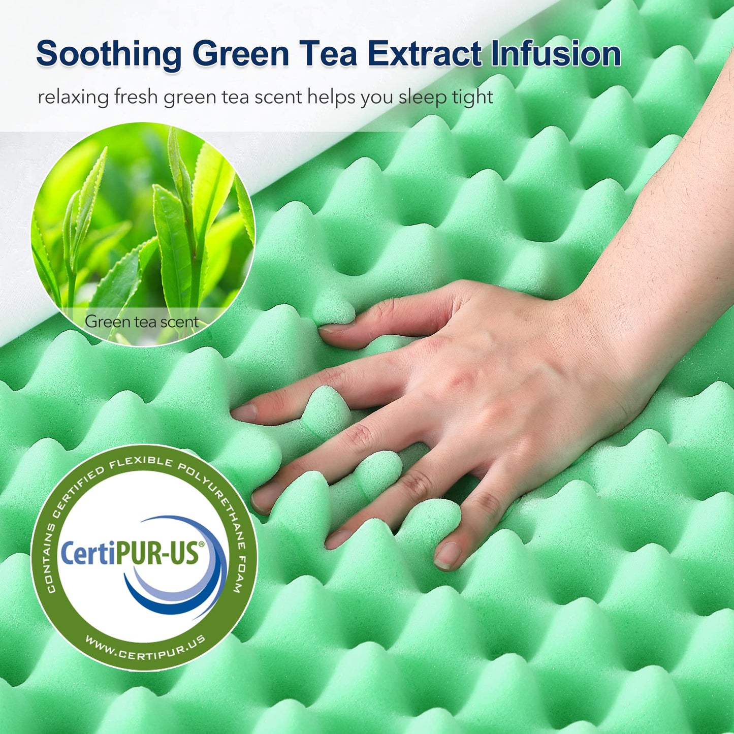 HOMHOUGO Mattress Topper Short Queen 2 Inch Green Tea Egg Crate Memory Foam Mattress Topper with Zippered Bamboo Cover