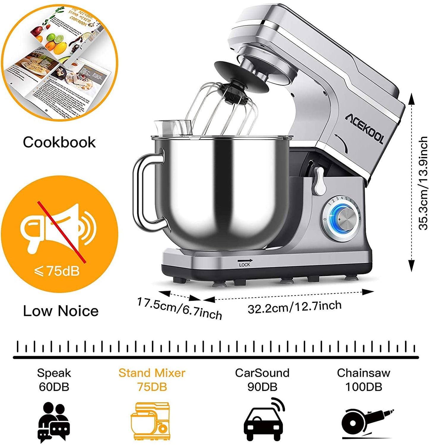 ACEKOOL Mixer MC1 1400W 7.5QT 10 Speeds Tilt-Head Stand Mixer Silver EU Plug