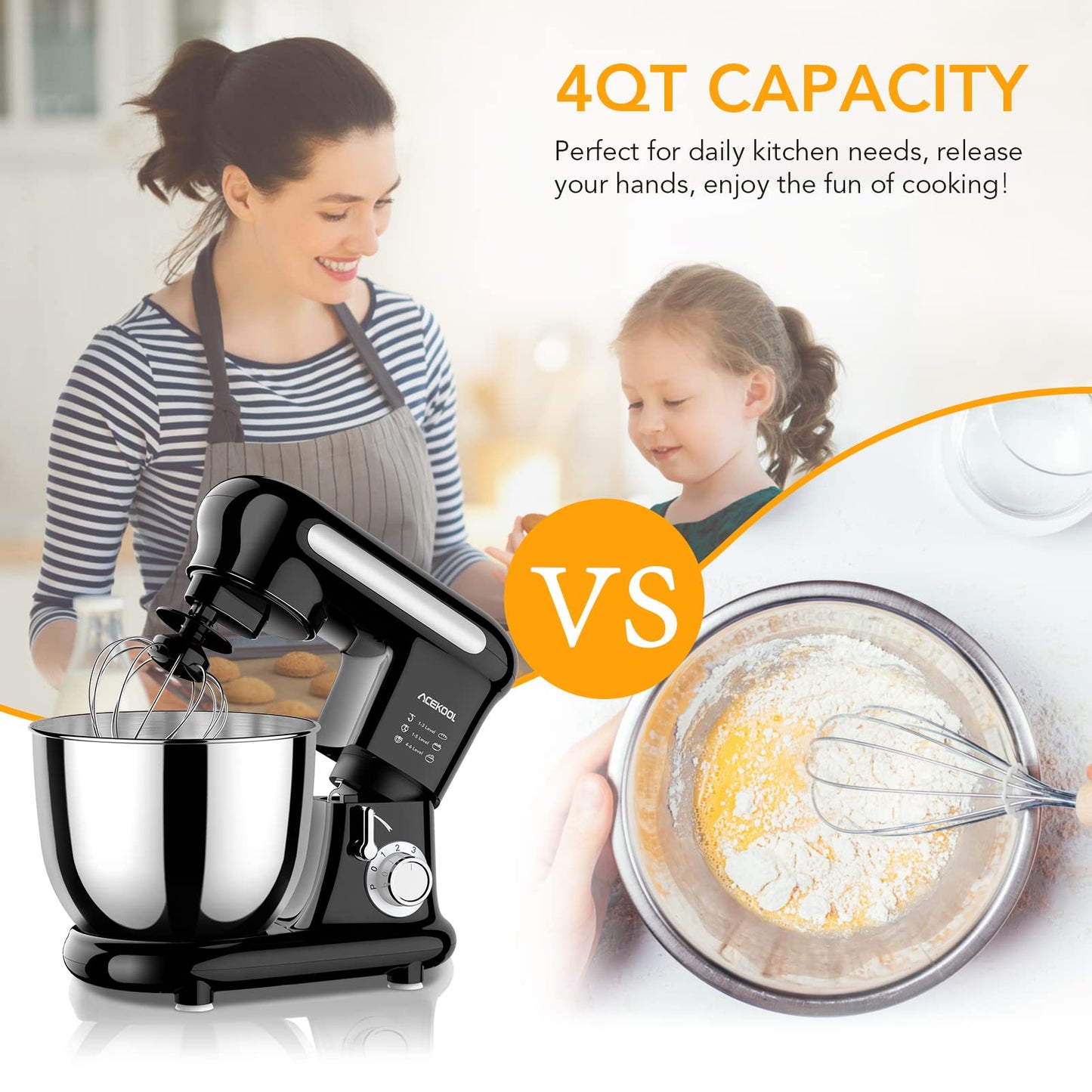 ACEKOOL Stand Mixer MC3 4QT 6 Speeds Tilt-Head Small Food Mixers UK Plug