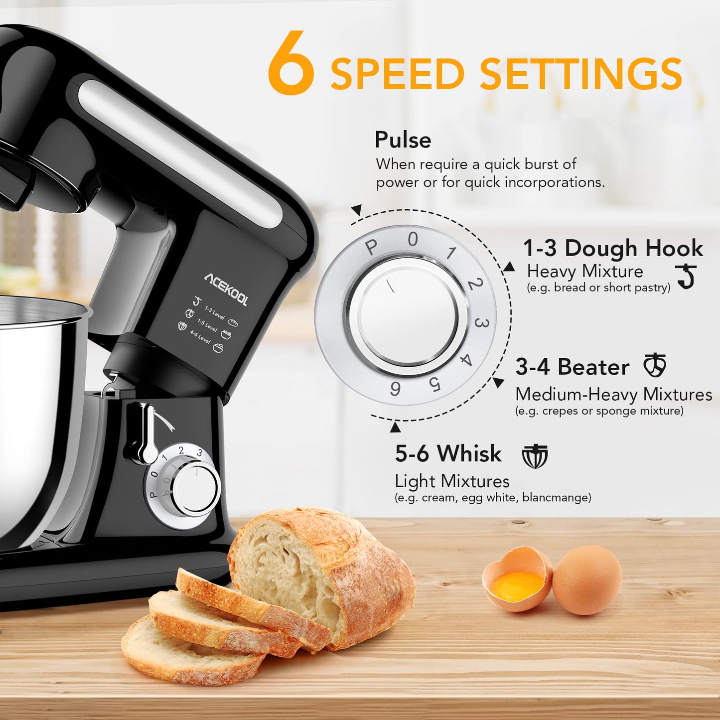 ACEKOOL Stand Mixer MC3 4QT 6 Speeds Tilt-Head Small Food Mixers UK Plug