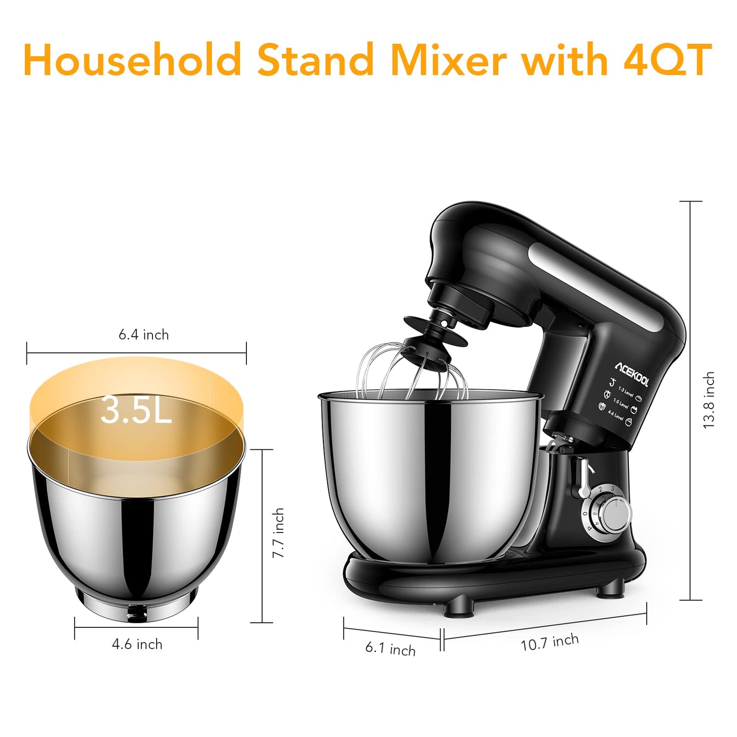ACEKOOL Stand Mixer MC3 4QT 6 Speeds Tilt-Head Small Food Mixers UK Plug