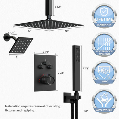 DualCascade 12" High-Pressure Rainfall Shower Faucet, Celling Mount, Rough in-Valve, 2.5 GPM