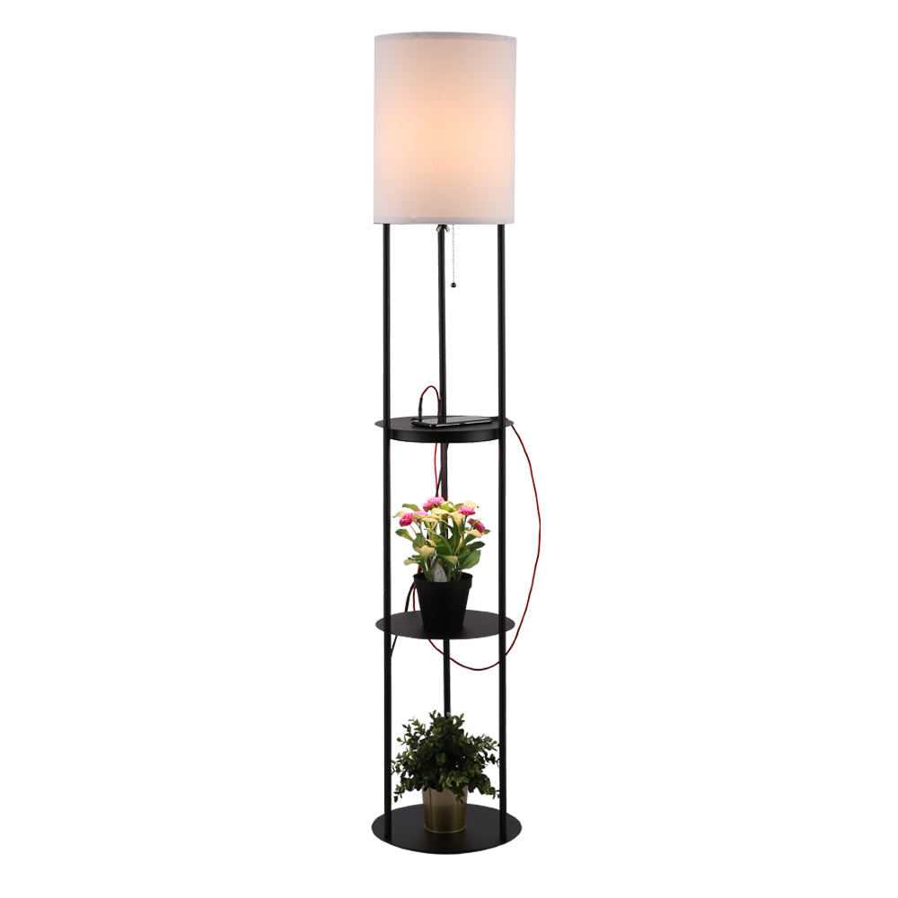 Round Black Bookshelf Floor Lamp With 2 USB Ports Plant Light