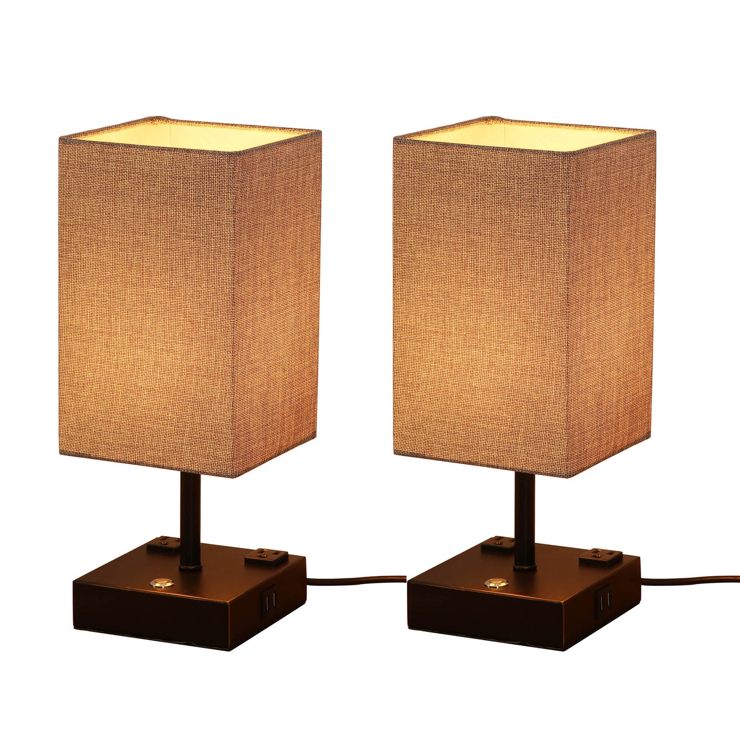 15 in. Black Table Lamp with Charging Outlet and USB Port Fabric Shade